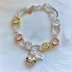 Tri-Tone Silver Bracelet with Heart Lock Charm